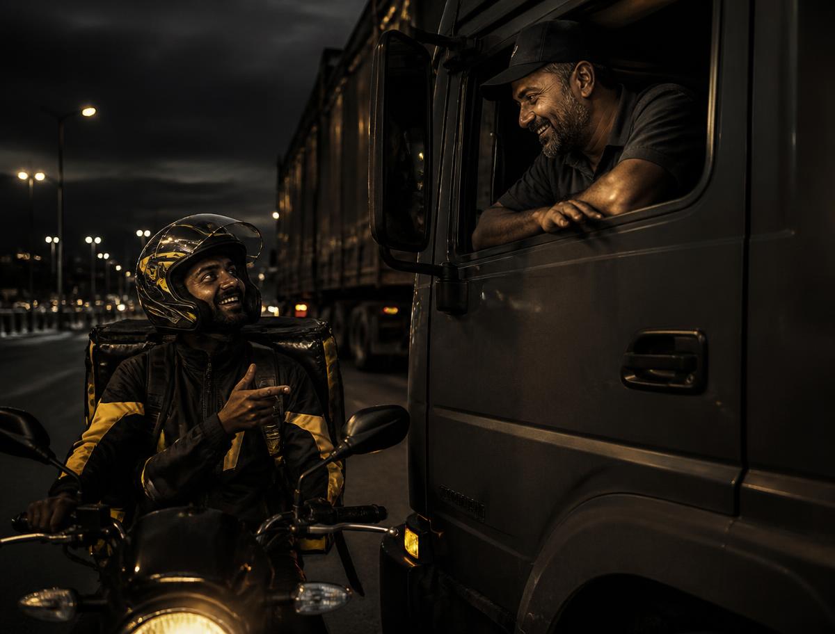 Motociclista e caminhoneiro conversando na estrada à noite
